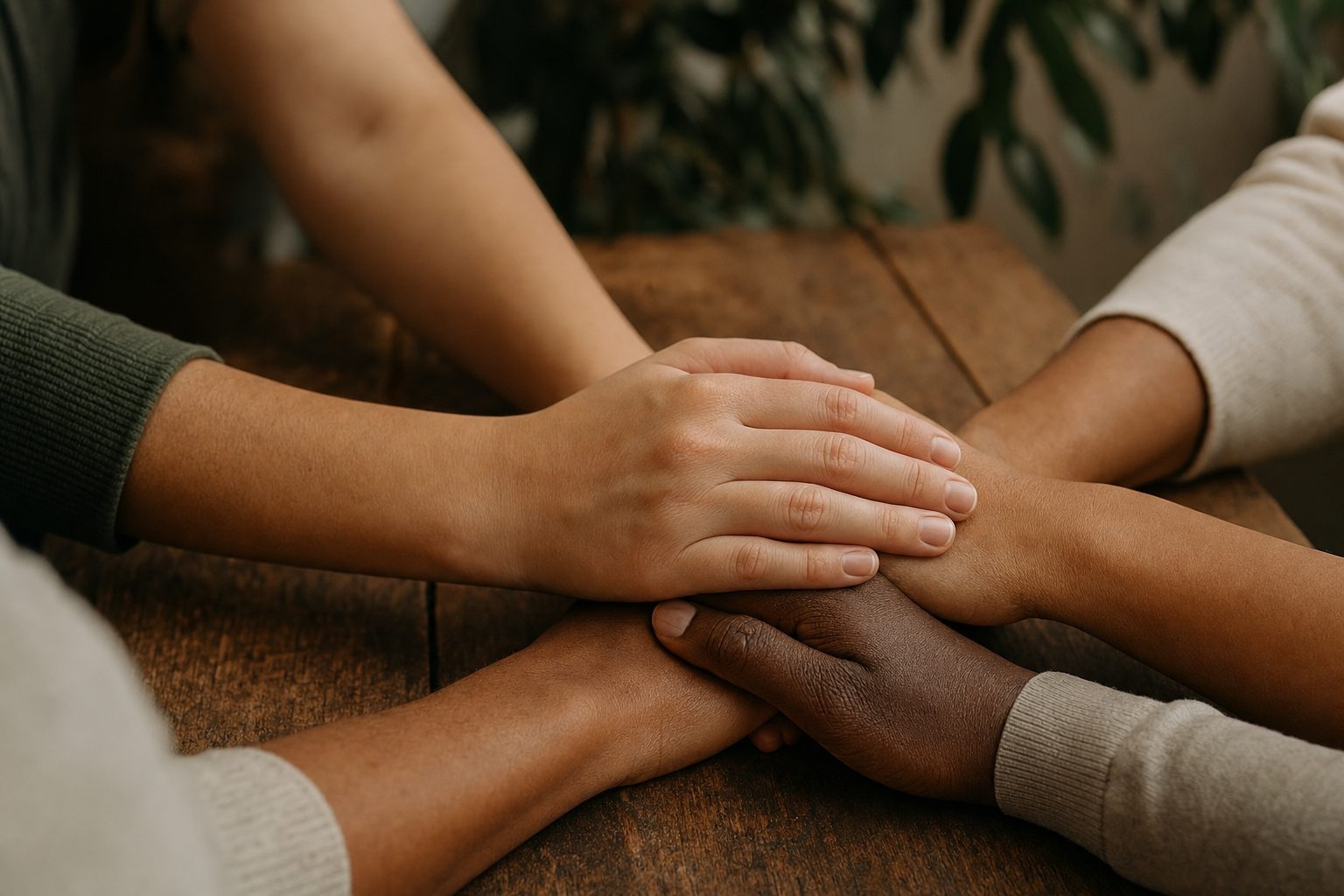 Hands of different skin tones resting together in a gesture of mutual support