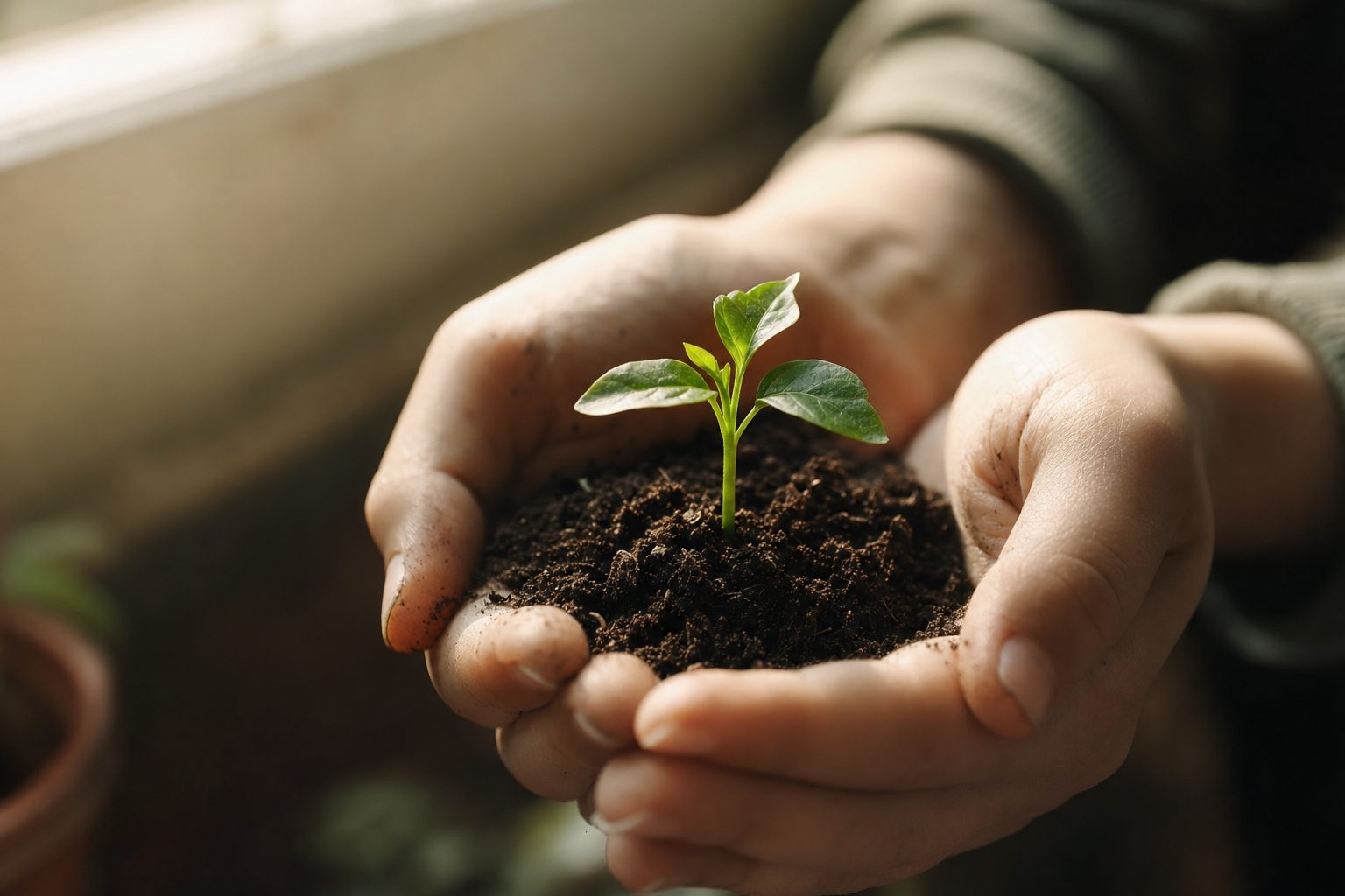 Hands cupping soil with a small green sprout, symbolizing growth and new beginnings