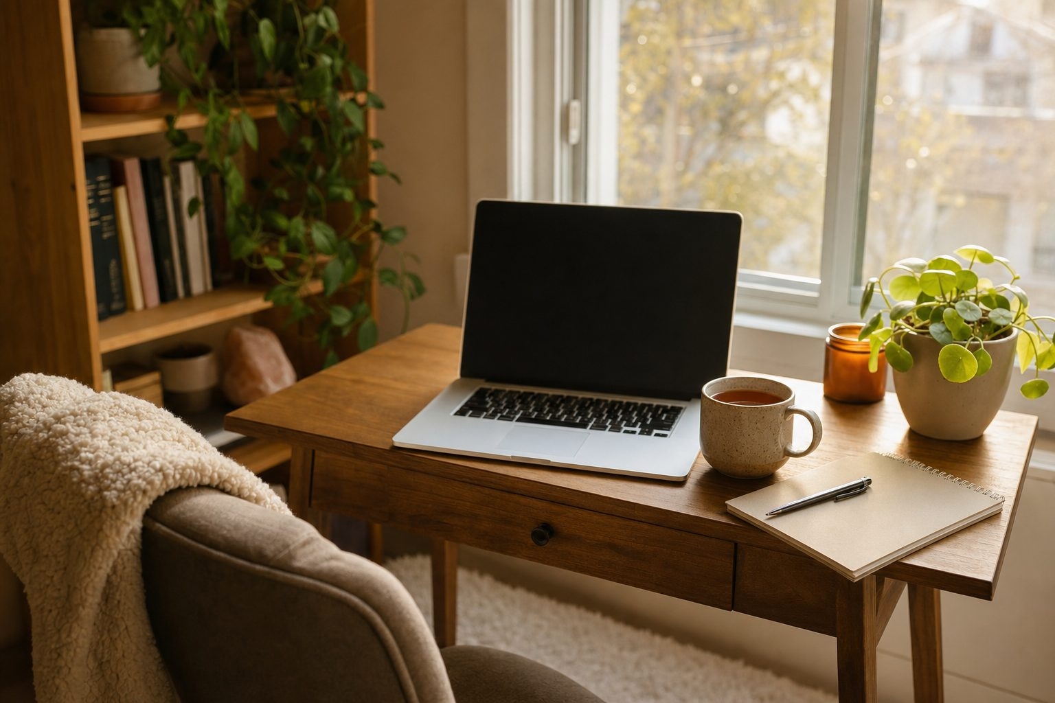 A cozy home setup with a laptop, tea, and notebook ready for a telehealth session